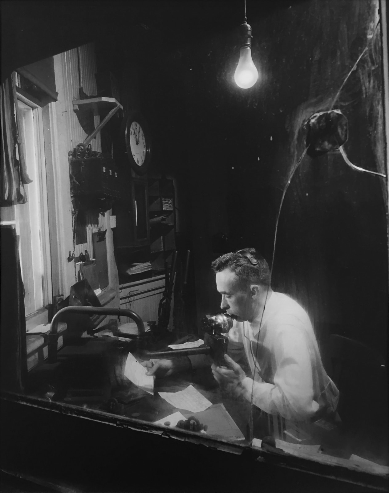 O. Winston Link, Troy Humphries Check Trains Through Cracked Glass Window, Waynesboro, VA, 1955
