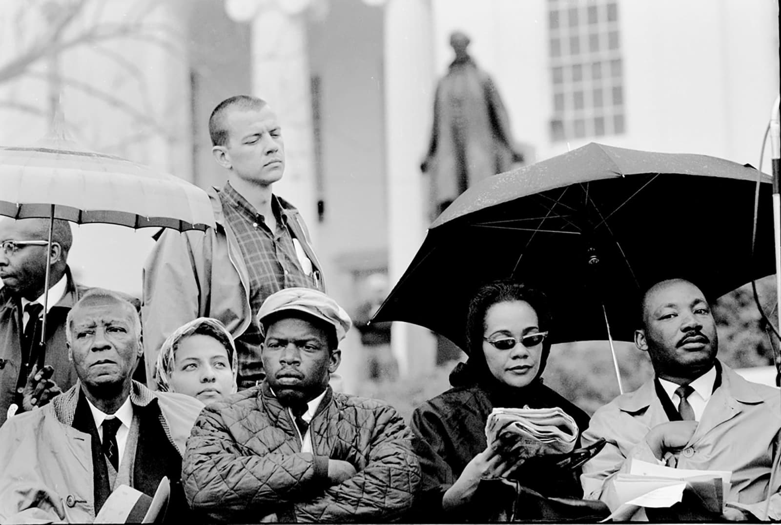 Steve Schapiro, Philip Randolph, John Lewis, Coretta Scott King, and Martin Luther King on the Steps of Montgomery Capitol after the Selma March concluded, 1965