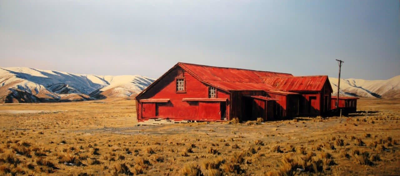 Justin Boroughs, Red Woolshed and Hills, Near Omarama, 2012