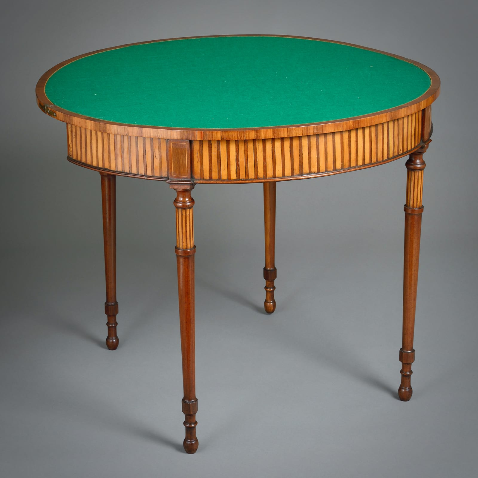 GEORGE III SATINWOOD AND MAHOGANY DEMI-LUNE CARD TABLE
