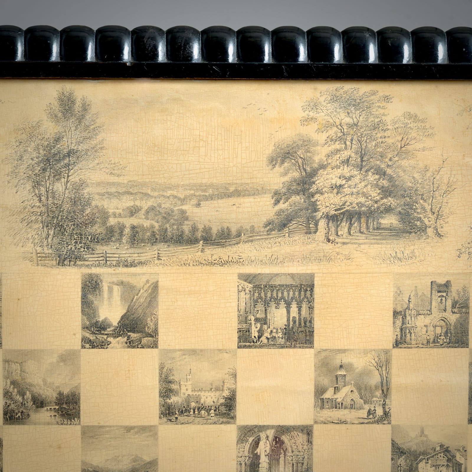 EARLY VICTORIAN TILT-TOP TABLE, DECORATED EN GRISAILLE WITH VIGNETTES OF WENTWORTH WOODHOUSE