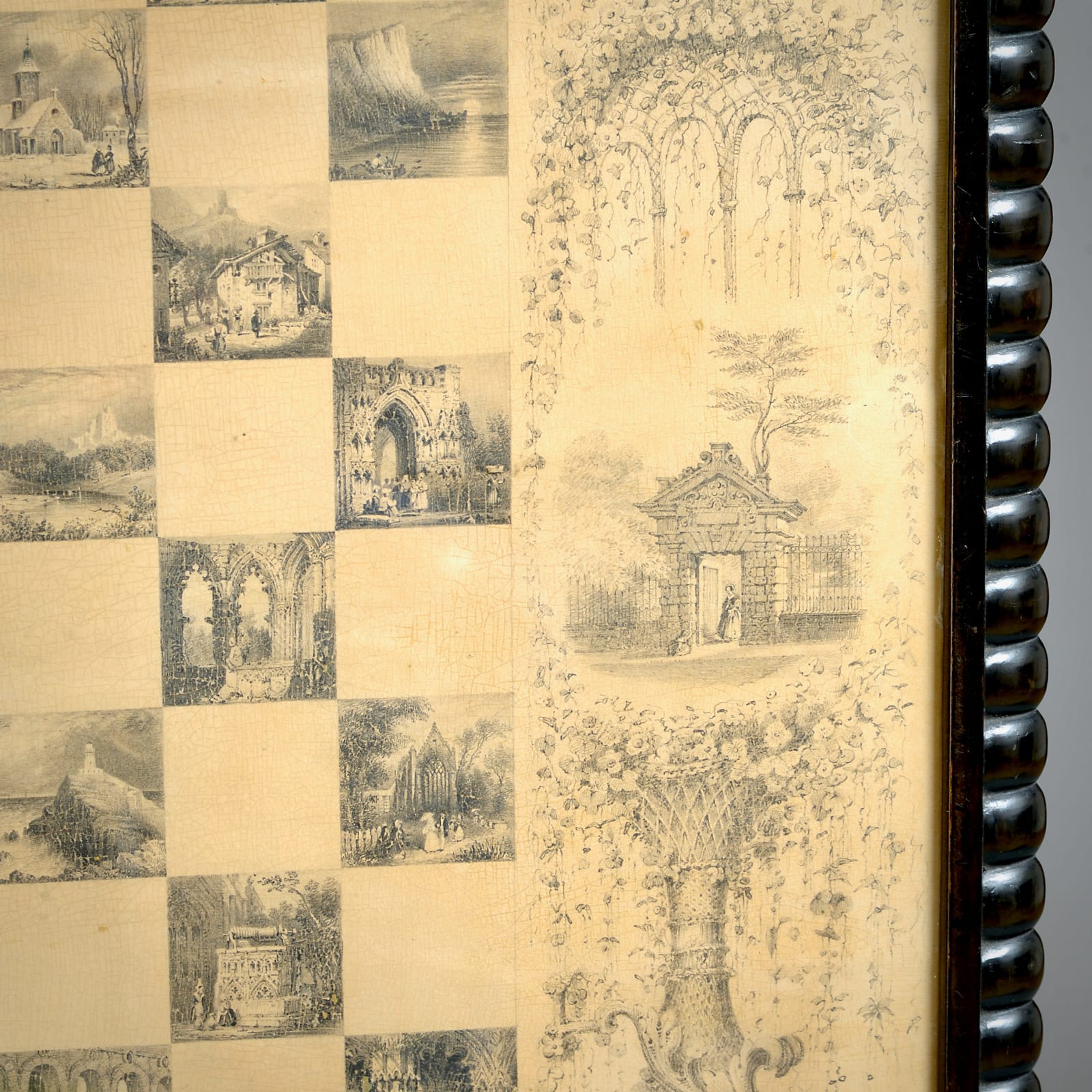 EARLY VICTORIAN TILT-TOP TABLE, DECORATED EN GRISAILLE WITH VIGNETTES OF WENTWORTH WOODHOUSE