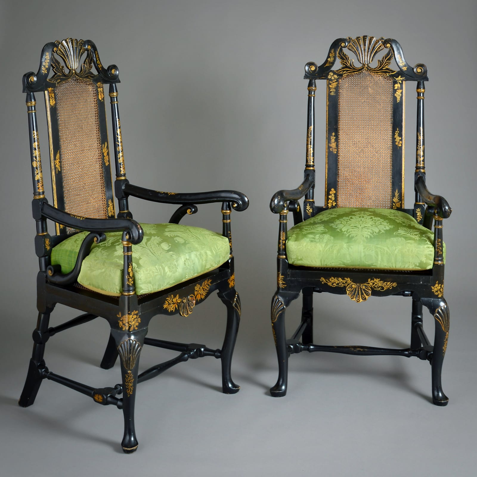 PAIR OF WILLIAM-AND-MARY JAPANNED ARMCHAIRS
