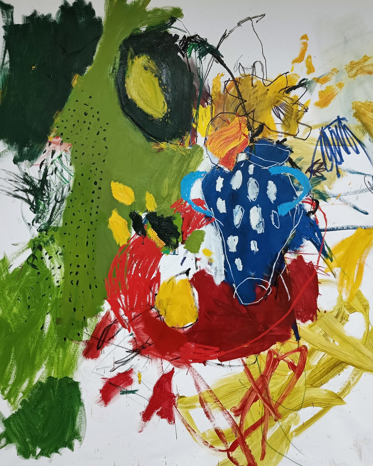 Luis Olaso, Composition for a table with quinces and a blue vase with flowers, 2023