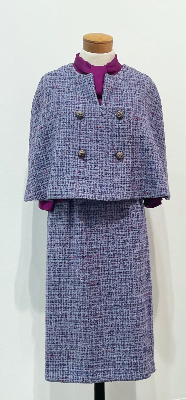 Jae Jarrell, Wool Tweed Capelet Suit With Purple Silk Accent Shirt, 1960s