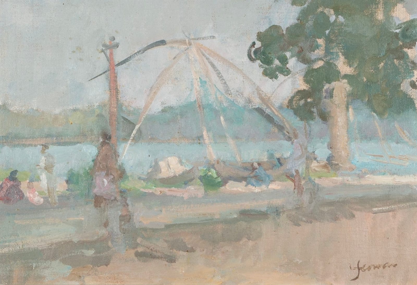 Martin Yeoman, Figures by a River with Boats