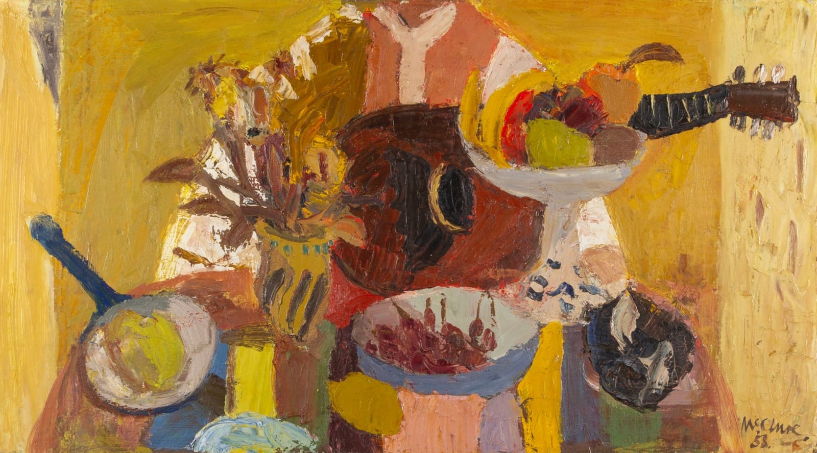 David McClure, Still life with Fruit and Guitar Player, 1958