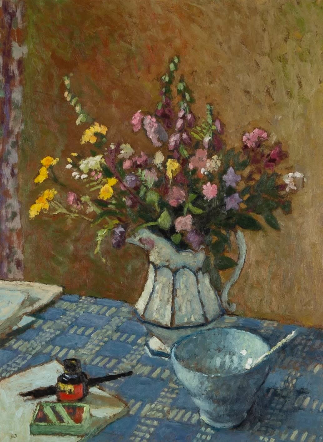 Bernard Dunstan, Still Life of Summer Flowers in a Jug with a Bowl
