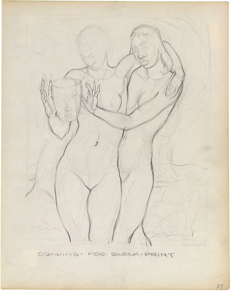 Charles White, DRAWING FOR BLOCK PRINT (TWO WOMEN WITH MASK), 1935-38