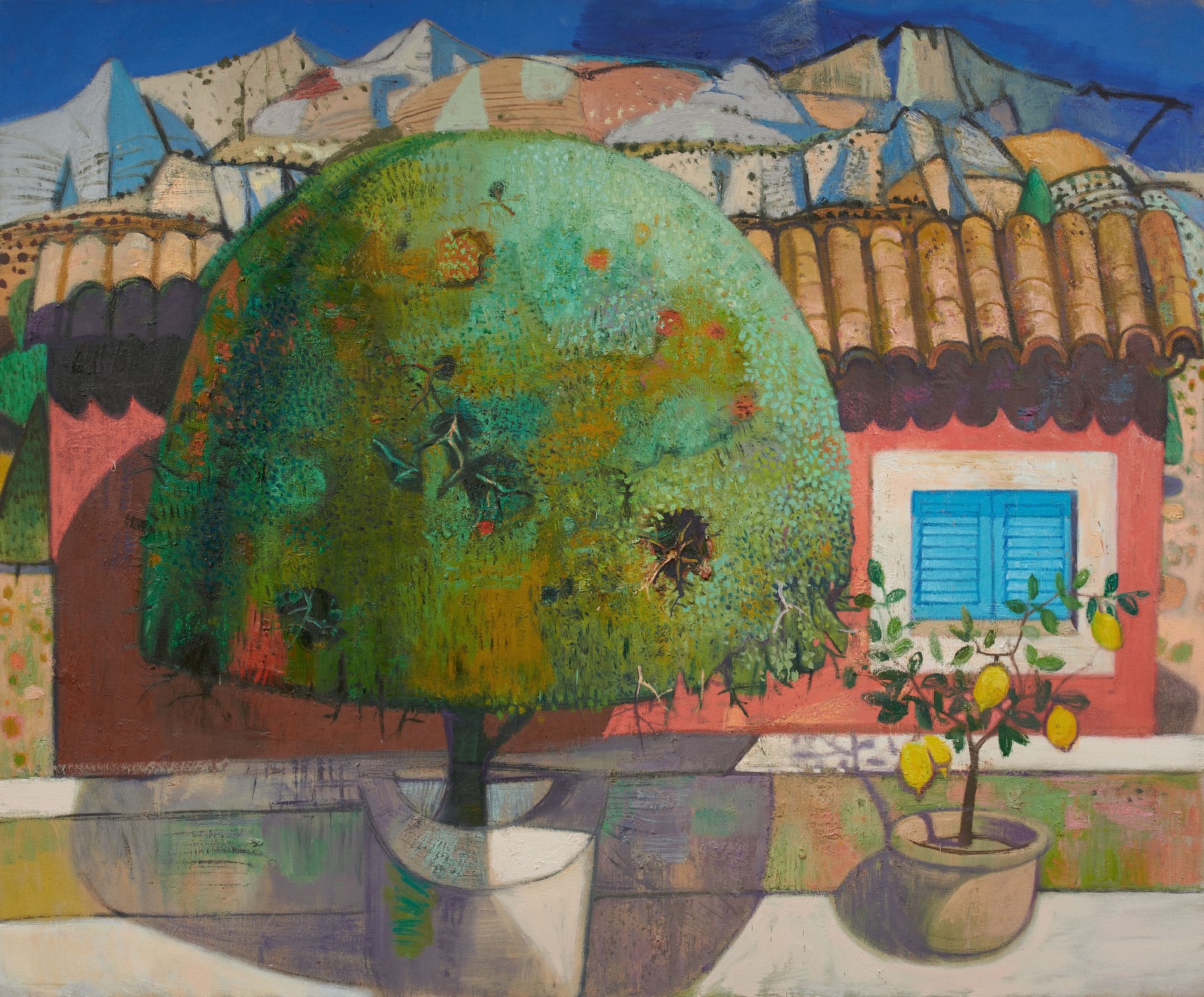 The Leon Morrocco painting 'Topiary Tree and Mountain House' painted in 2021