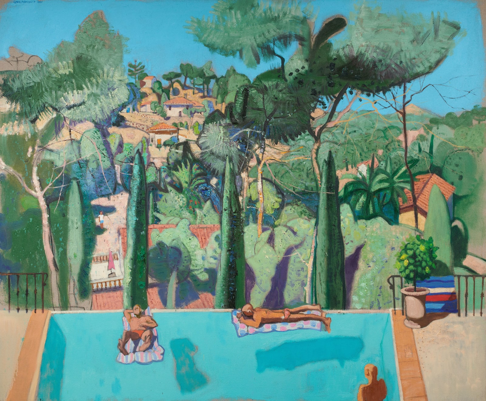 The Leon Morrocco painting 'The Pool and Three Figures, Roquefort-les-pins' painted in 2021