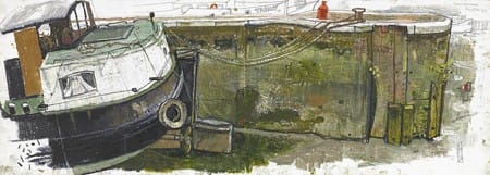 Leon Morrocco, Barge Stern and Textured Pier Wall