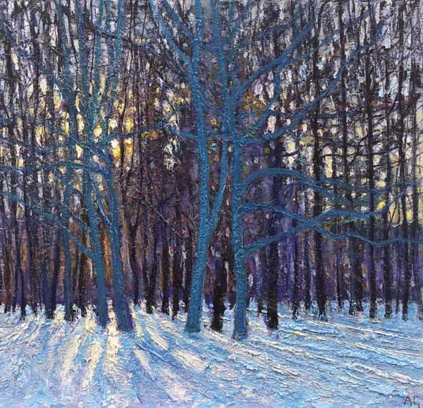 Andrew Gifford, Church of the Saviour, through the trees, last sunlight, St Petersburg (study), 2019