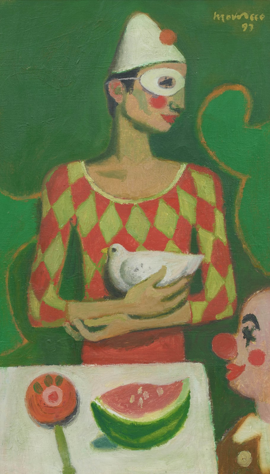 Alberto Morrocco, Masked Clown with Dove, 1997