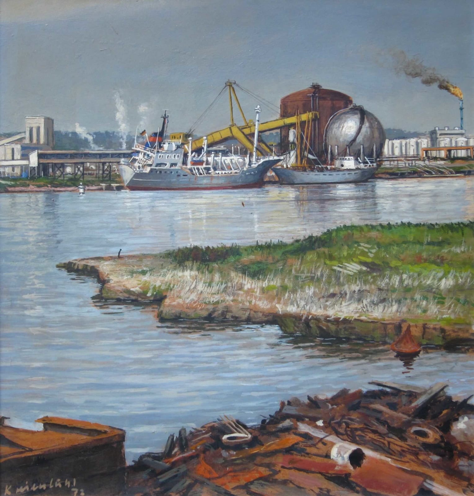 Jürg Kreienbühl, Paysage industriel avec méthanier, 1972