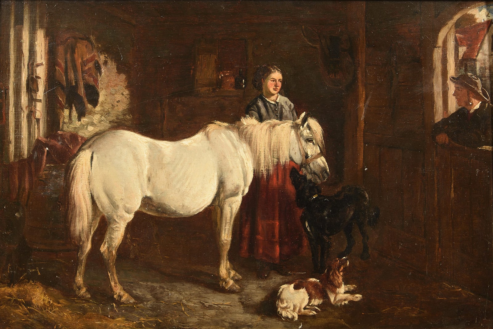 John Alfred Wheeler, Stable interior - white pony with figures & dogs