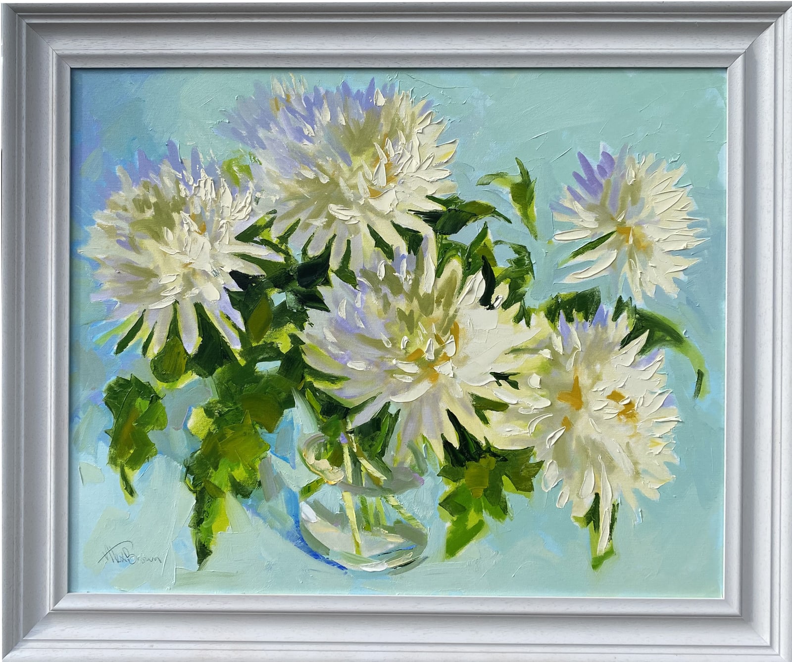 Alex Brown, Chrysanthemums on a blue table