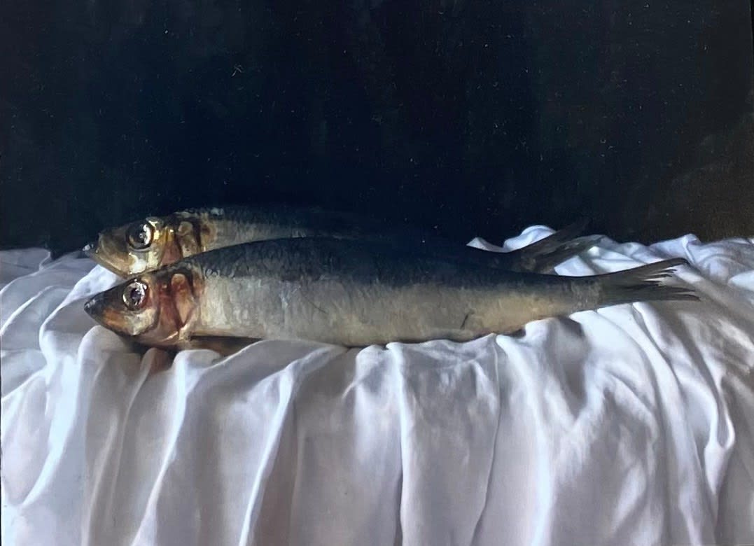 Kate Verrion, Two mackerel on a white cloth