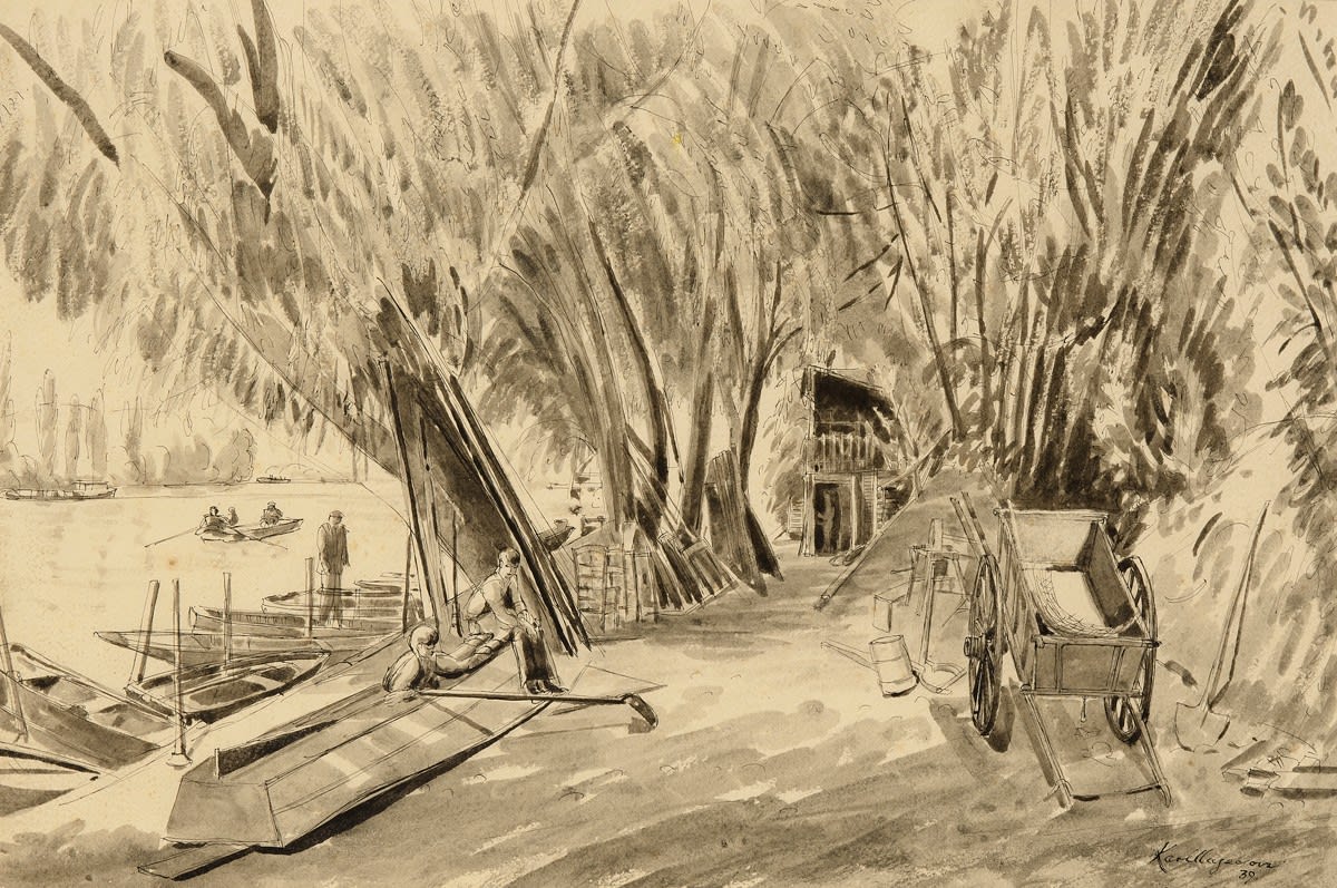 Karl Hagedorn RBA RSMA NS NEAC, Thames rowing boats under repair 1939