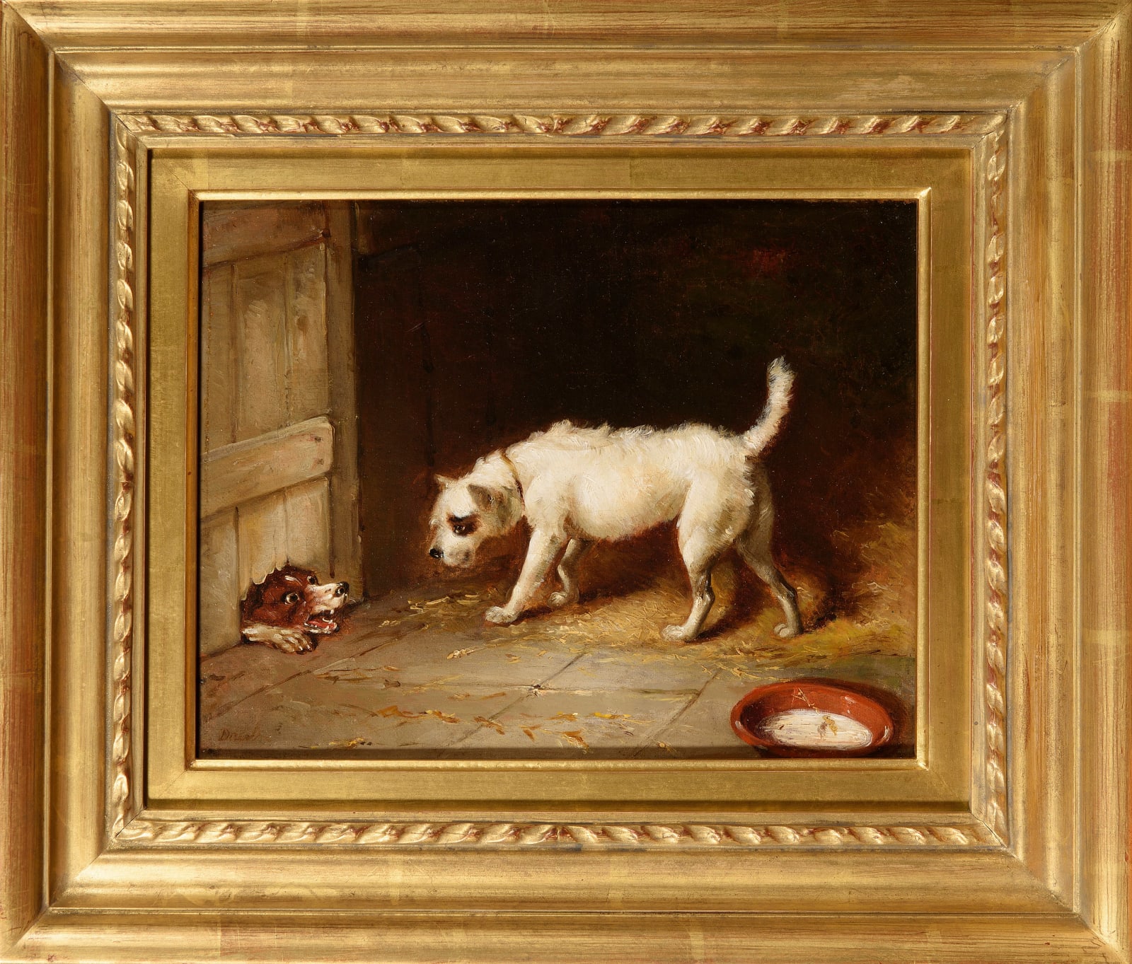 19th Century English School, An Aggressive intruder - White English Bull Terrier & a Spaniel