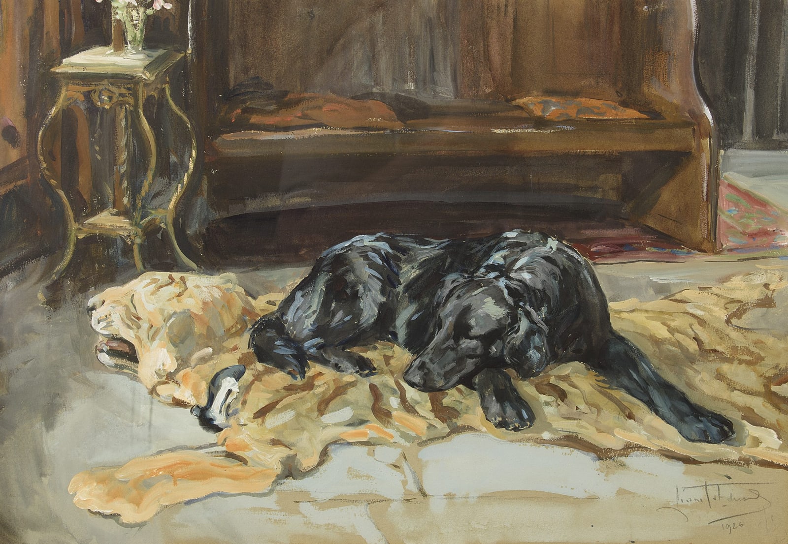 Lionel Dalhousie Robertson Edwards, RI R Cam A, Black Retriever on a tiger rug