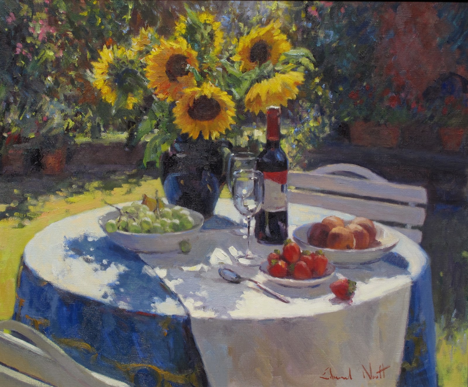 Edward Noott RBSA, Sunflowers and wine SOLD