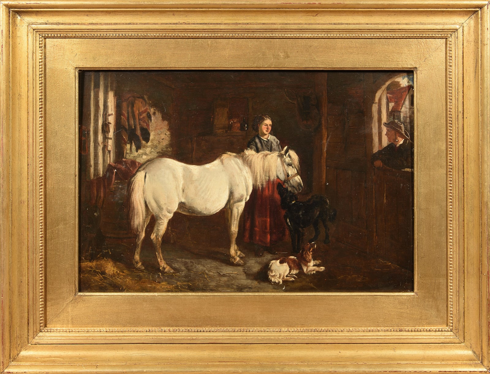 John Alfred Wheeler, Stable interior - white pony with figures & dogs