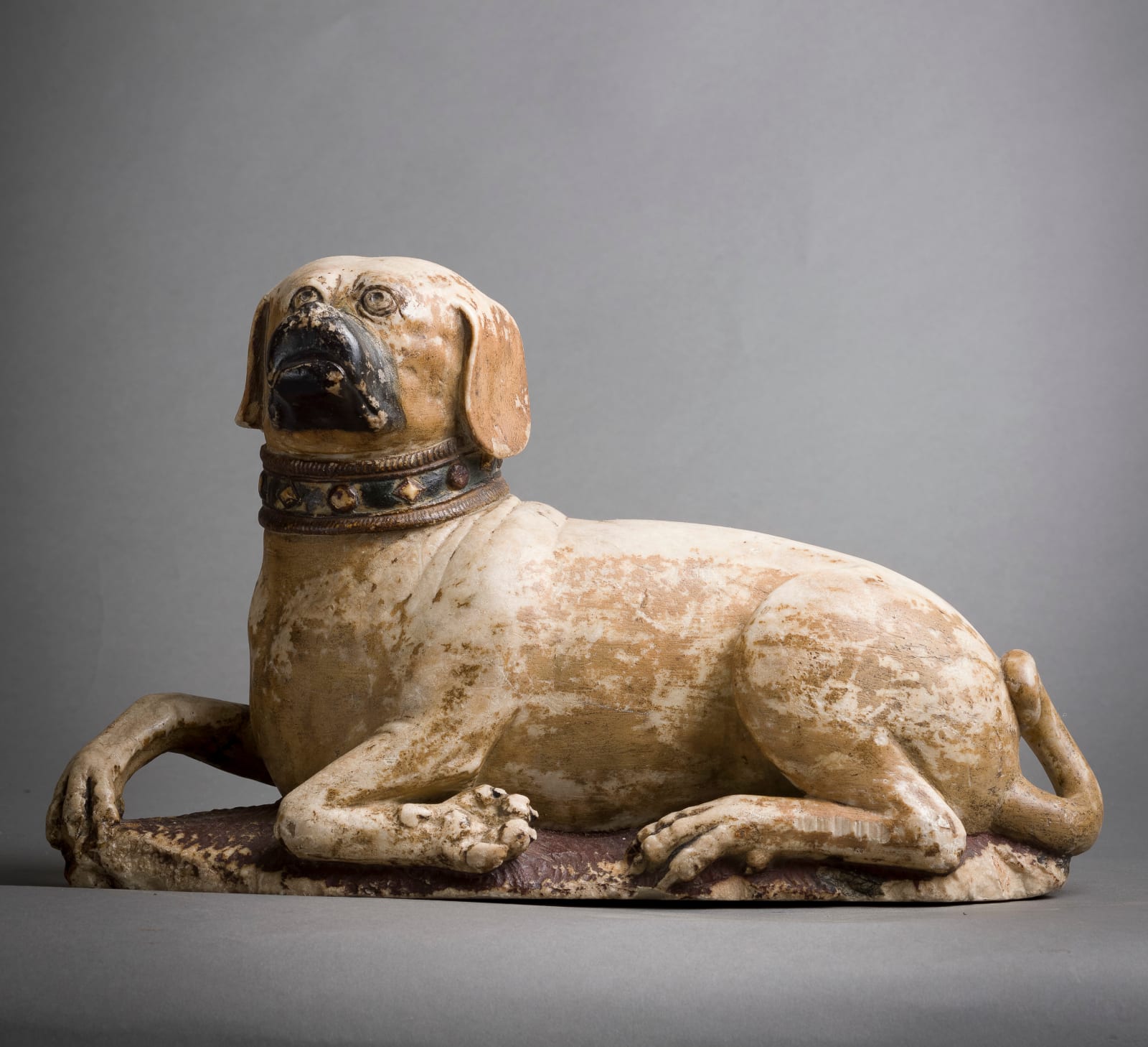 Medieval English Alabaster Tomb Sculpture of a Pug Couchant, 14th Century