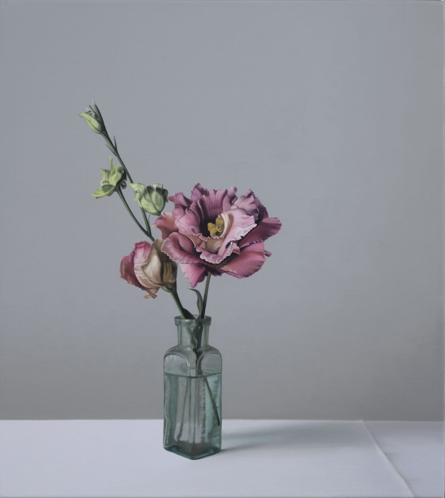 Jo Barrett, Still Life with Glass Bottle and Lisianthus