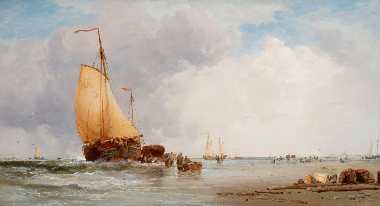James Webb (1825–1895), Shipping loading and unloading from a beach, 1875