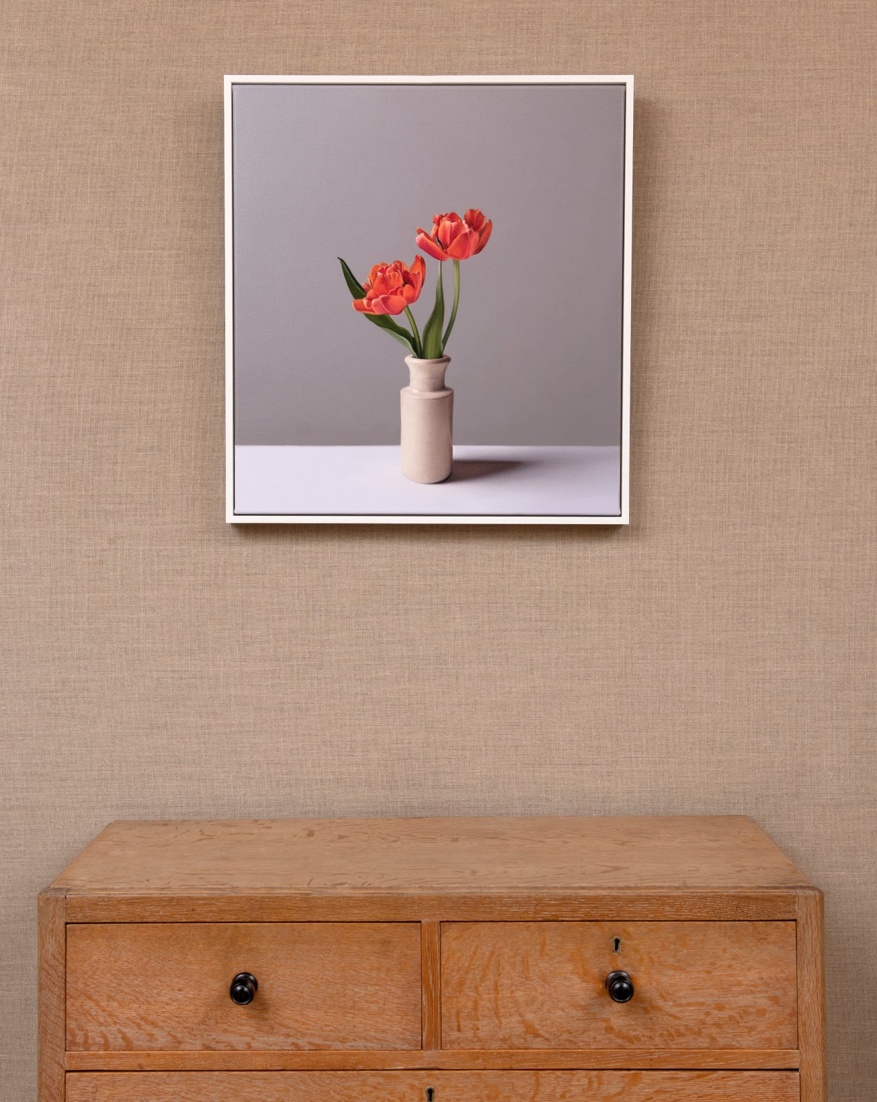 Jo Barrett, Still Life with Orange Tulips and Stoneware Bottle