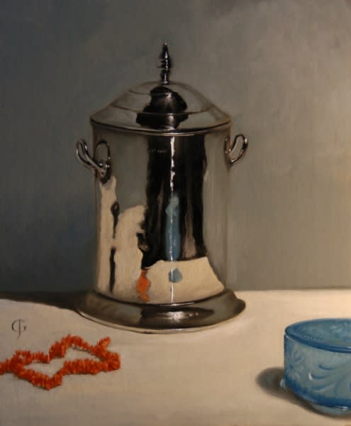 James Gillick, Silver Pot, Coral Necklace, Blue Glass