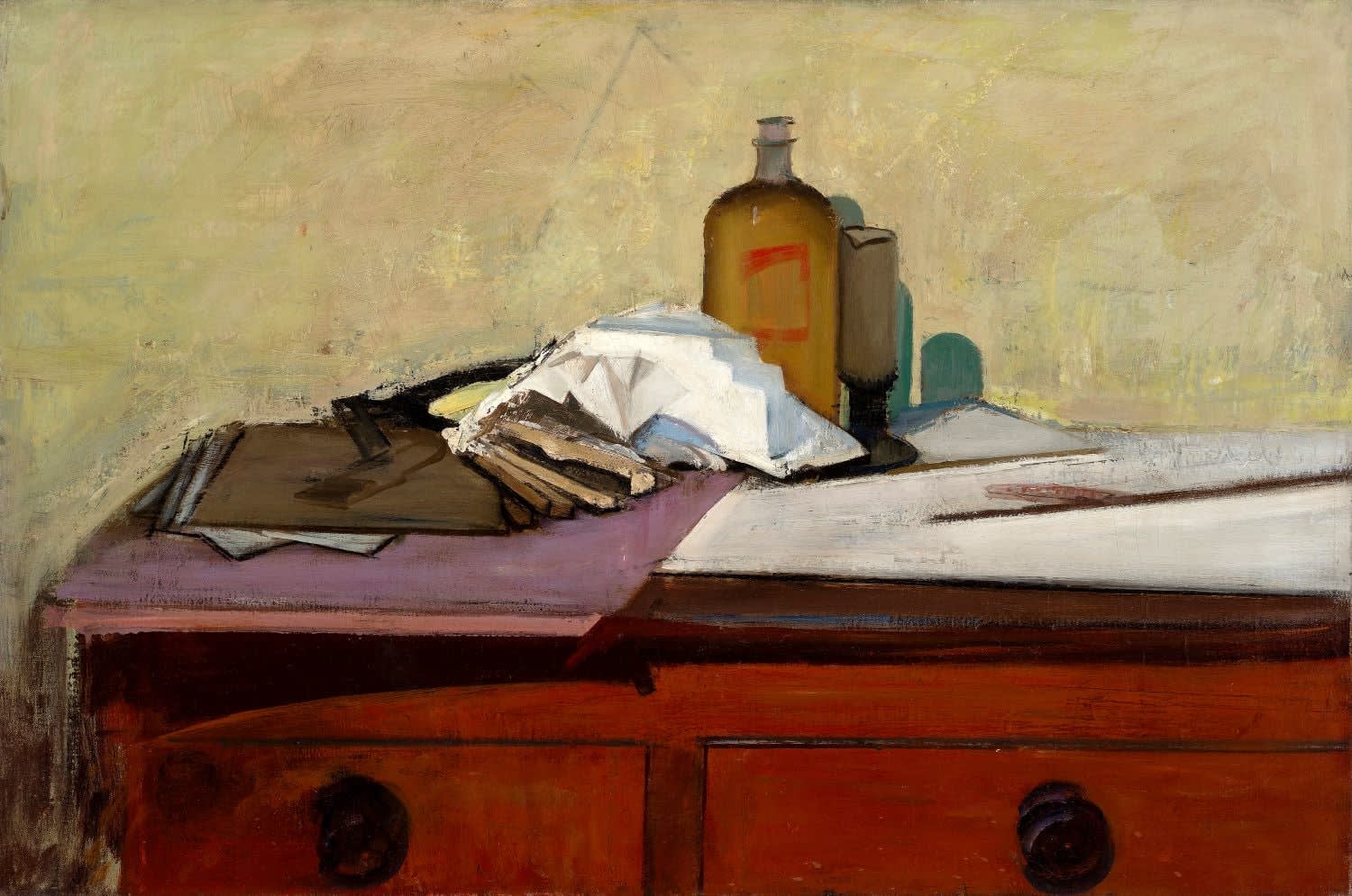 Rodrigo Moynihan RA (1910 - 1990), Still life with books and bottles on a chest, Circa 1950