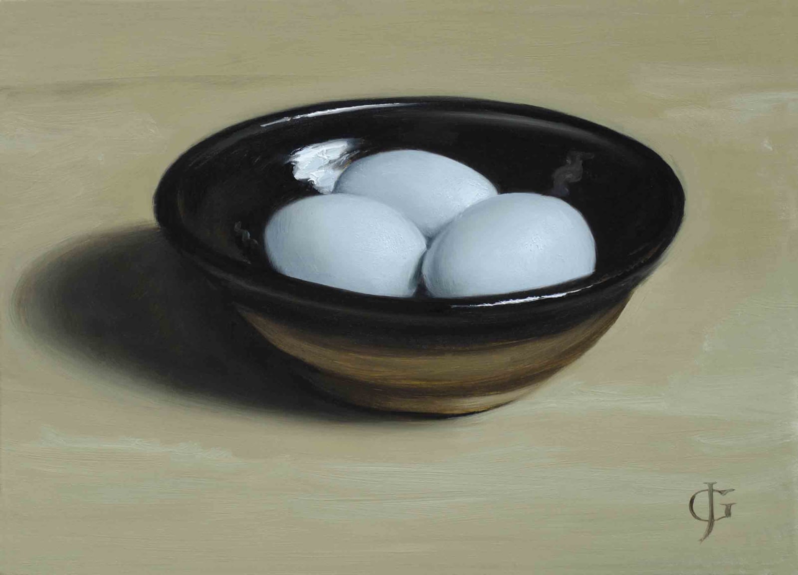 James Gillick, Three Blue Eggs in a Pottery Bowl, 2021