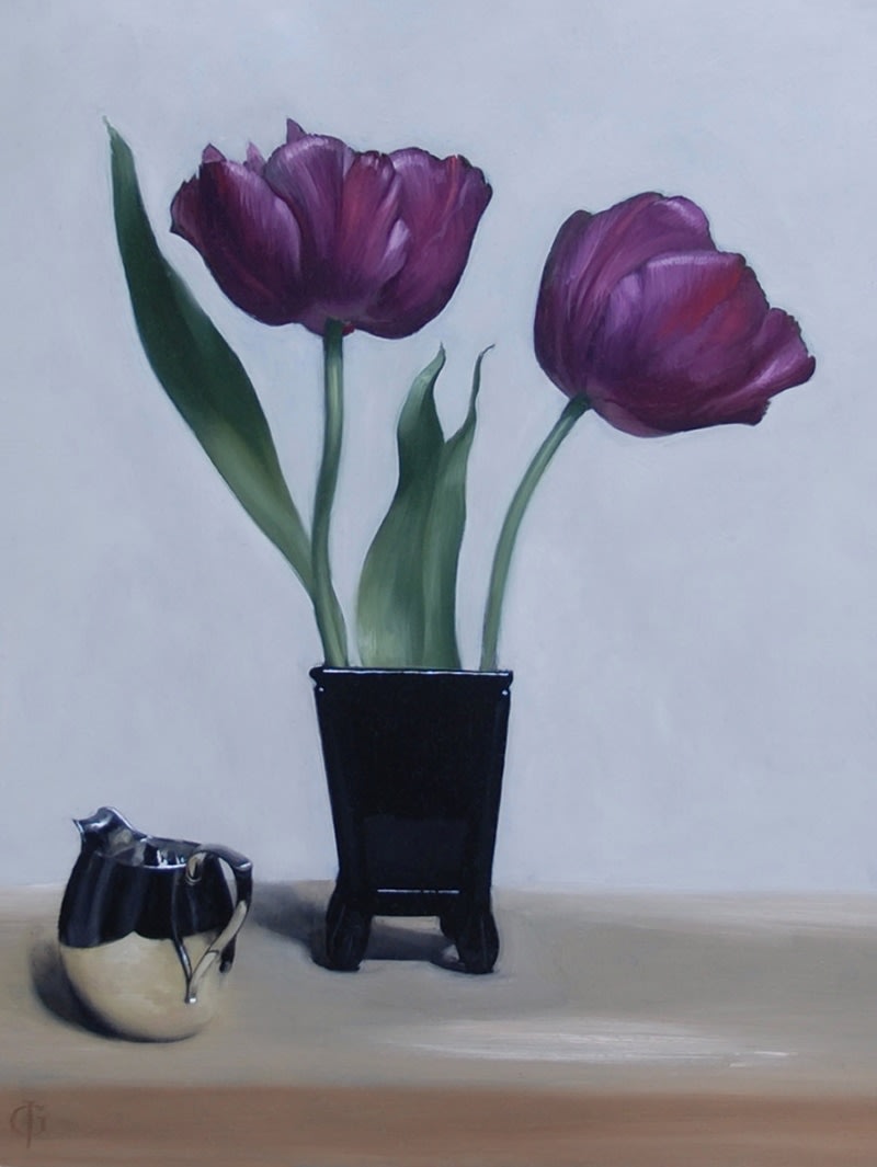 James Gillick, Mauve Tulips and Silver Jug