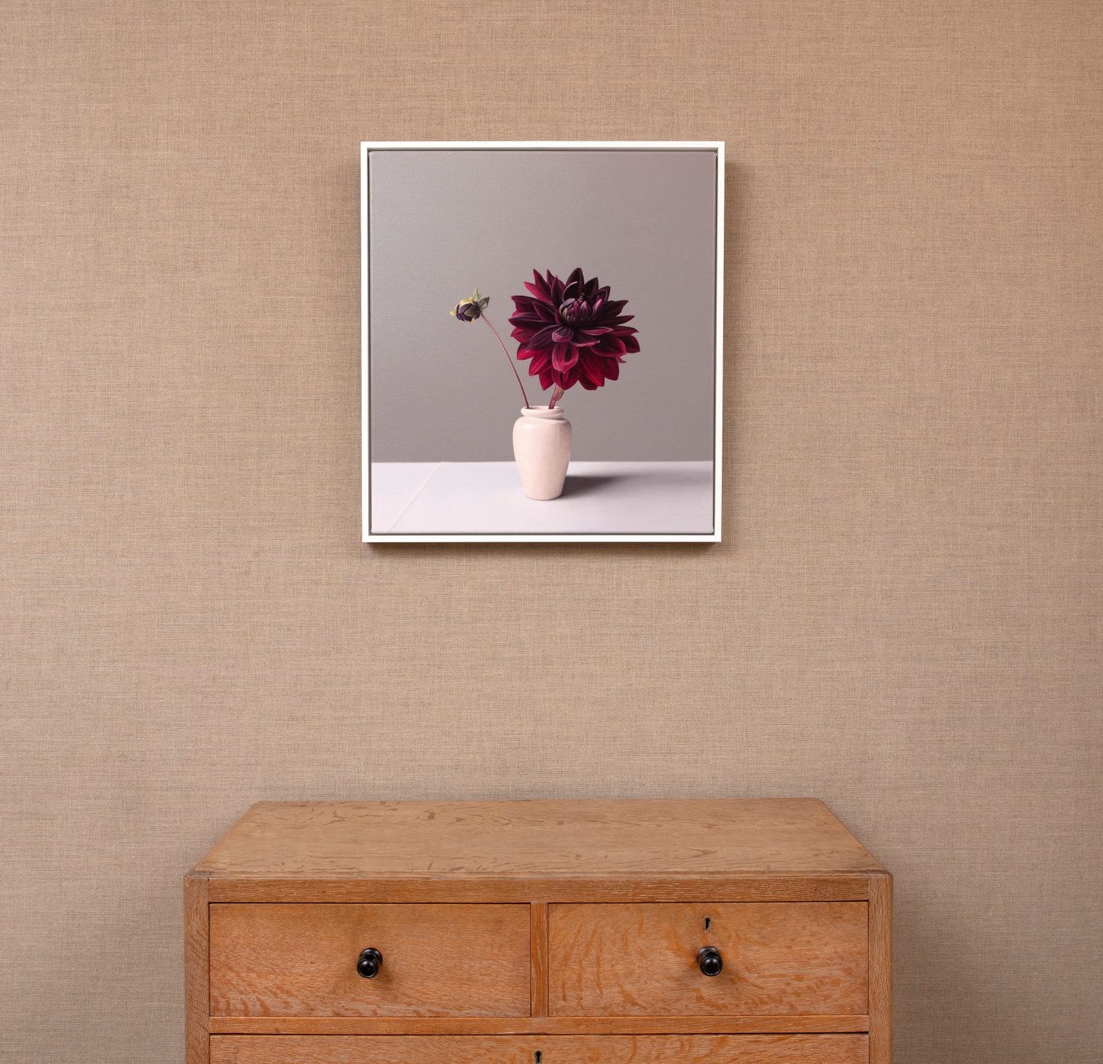 Jo Barrett, Still Life with Red Dahlia and Stoneware Pot