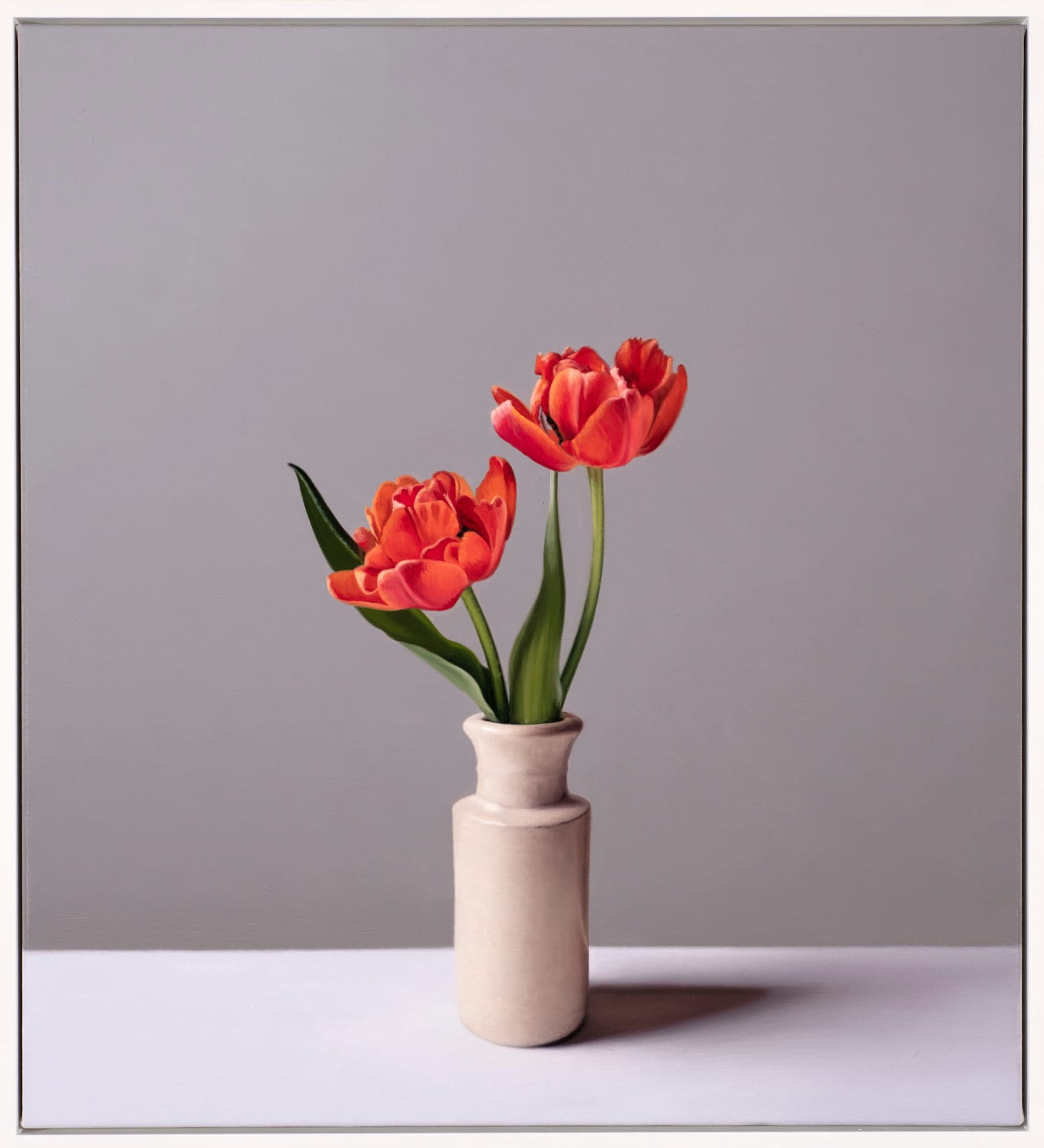 Jo Barrett, Still Life with Orange Tulips and Stoneware Bottle