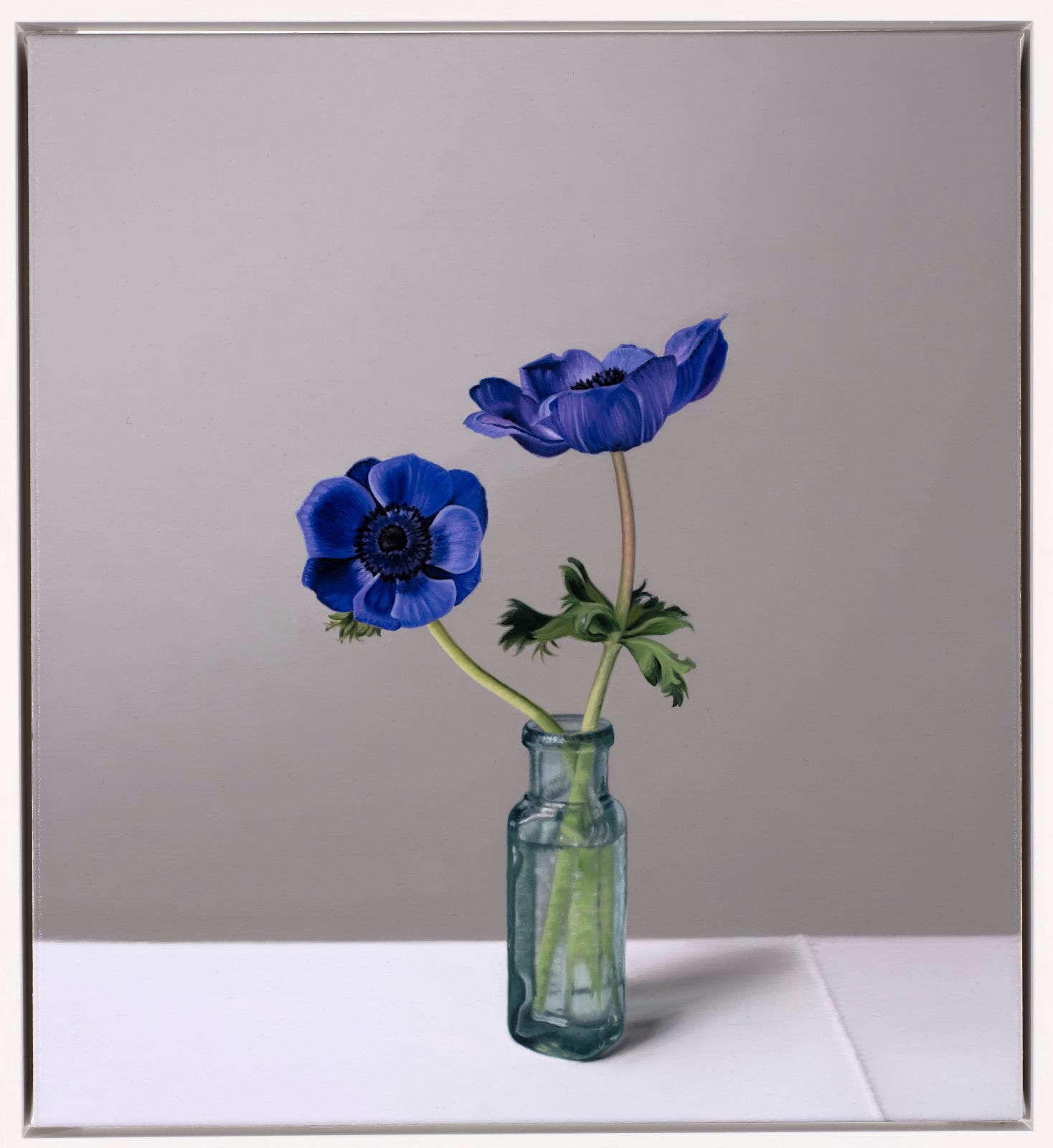 Jo Barrett, Still Life with Blue Anemones and Glass Bottle