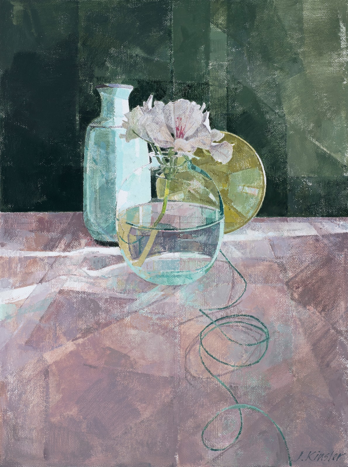 Jeannie Kinsler, Geranium flower with mustard bowl, 2023