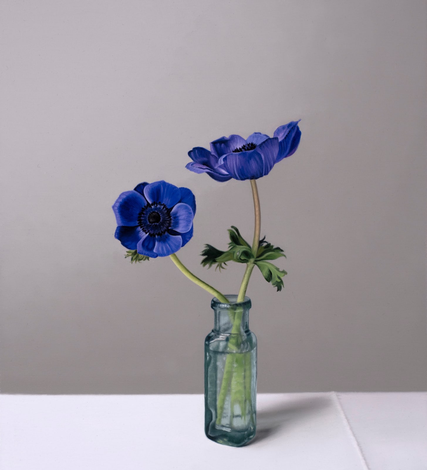 Jo Barrett, Still Life with Blue Anemones and Glass Bottle