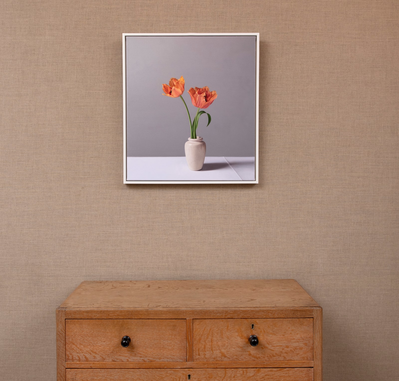 Jo Barrett, Still Life with Frilly Tulips and Stoneware Pot