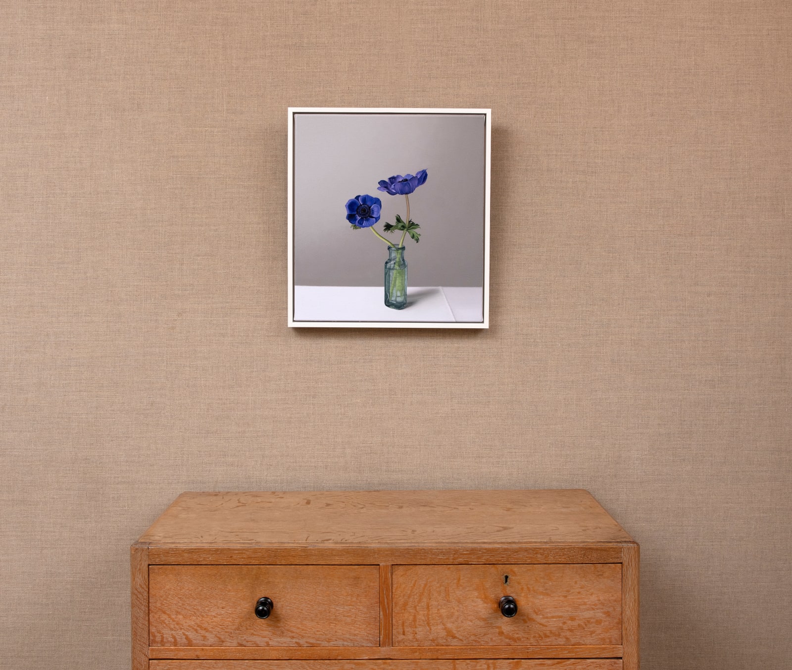 Jo Barrett, Still Life with Blue Anemones and Glass Bottle