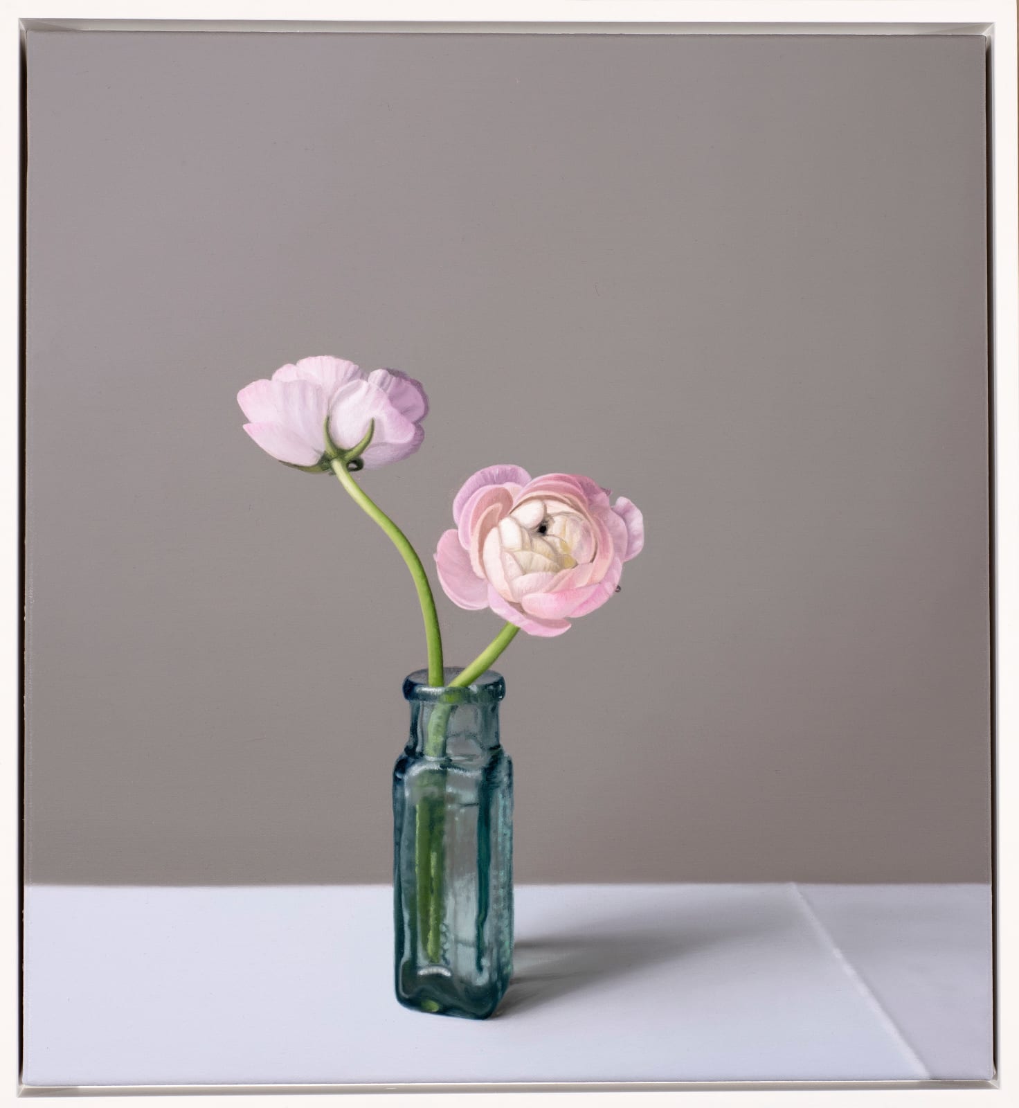 Jo Barrett, Still Life with Pink Ranunculus and Glass Bottle