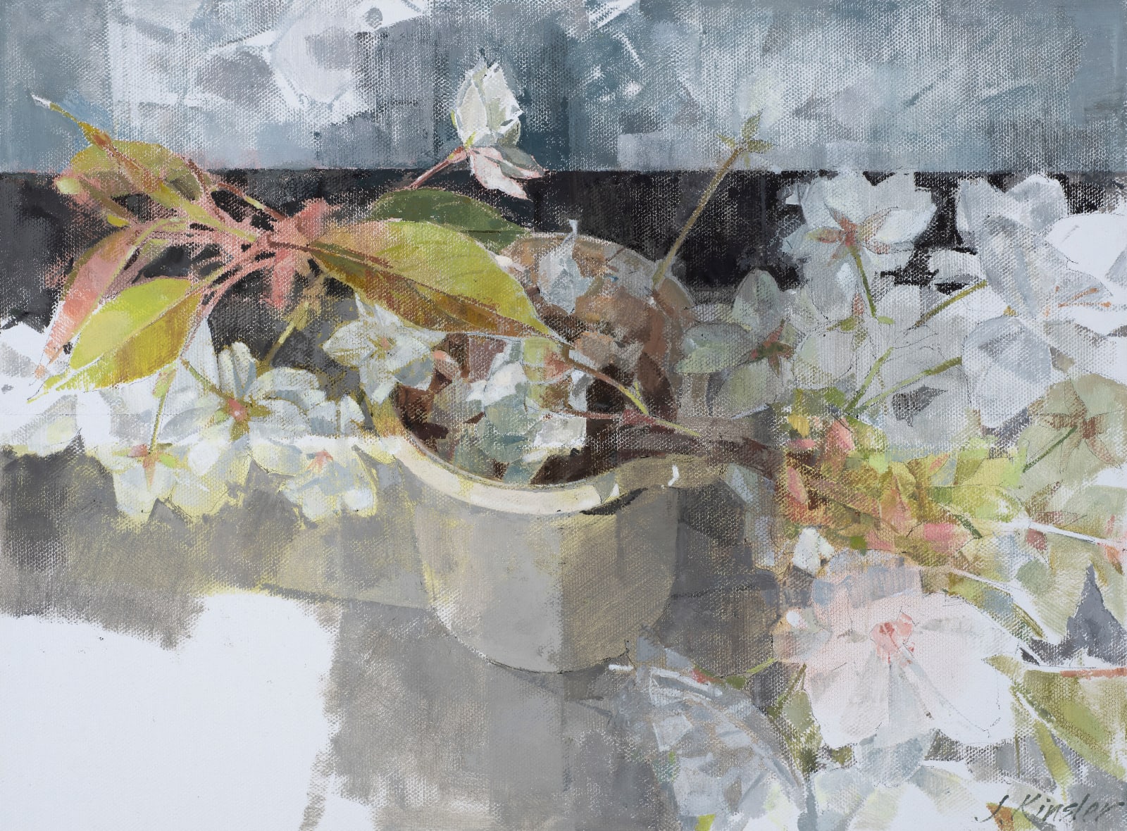 Jeannie Kinsler, Enamel jug and hybrid cherry, 2023