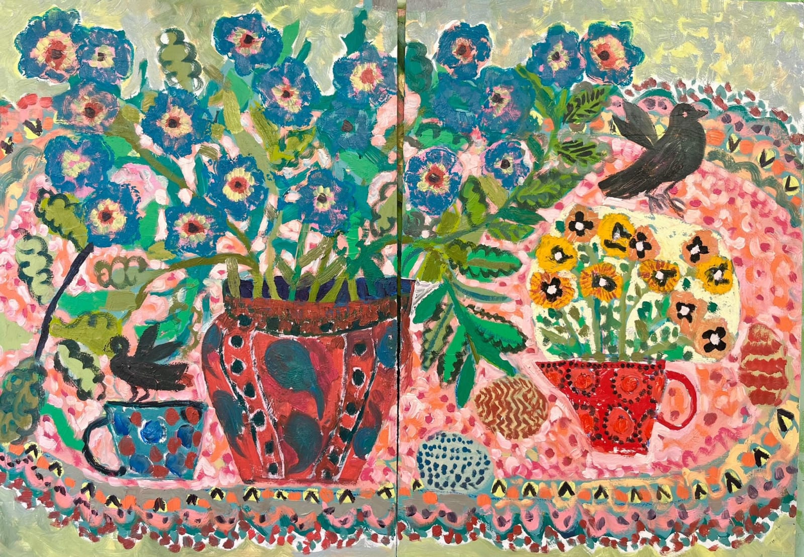 Cornelia O'Donovan, Tabletop with Yellow Pansies - diptych