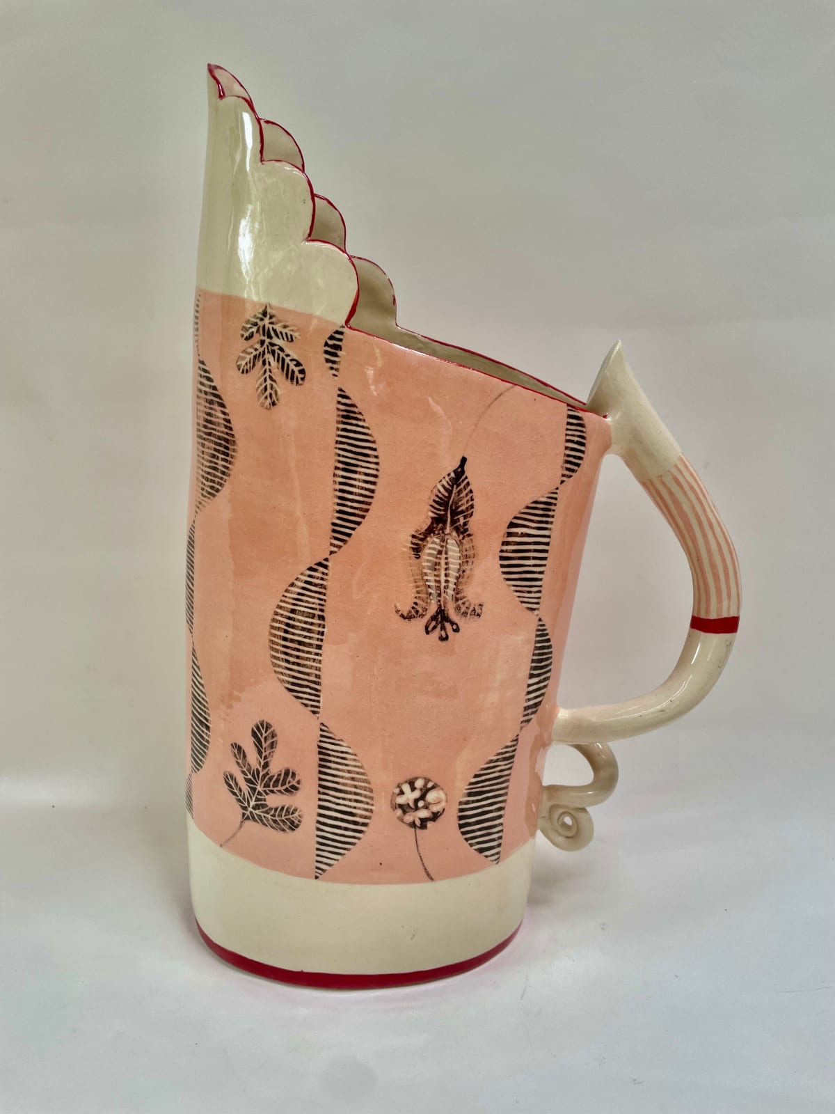 Laurance Simon, Pink Jug with Black Strip Oak Leaves