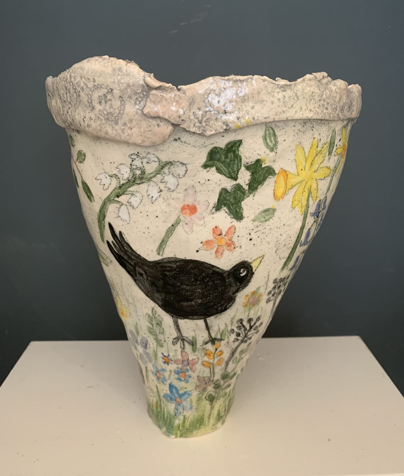 Amelia Tuttiett, Bertie Blackbird feeling very smug as he's finished building his Nest for Spring - Vase