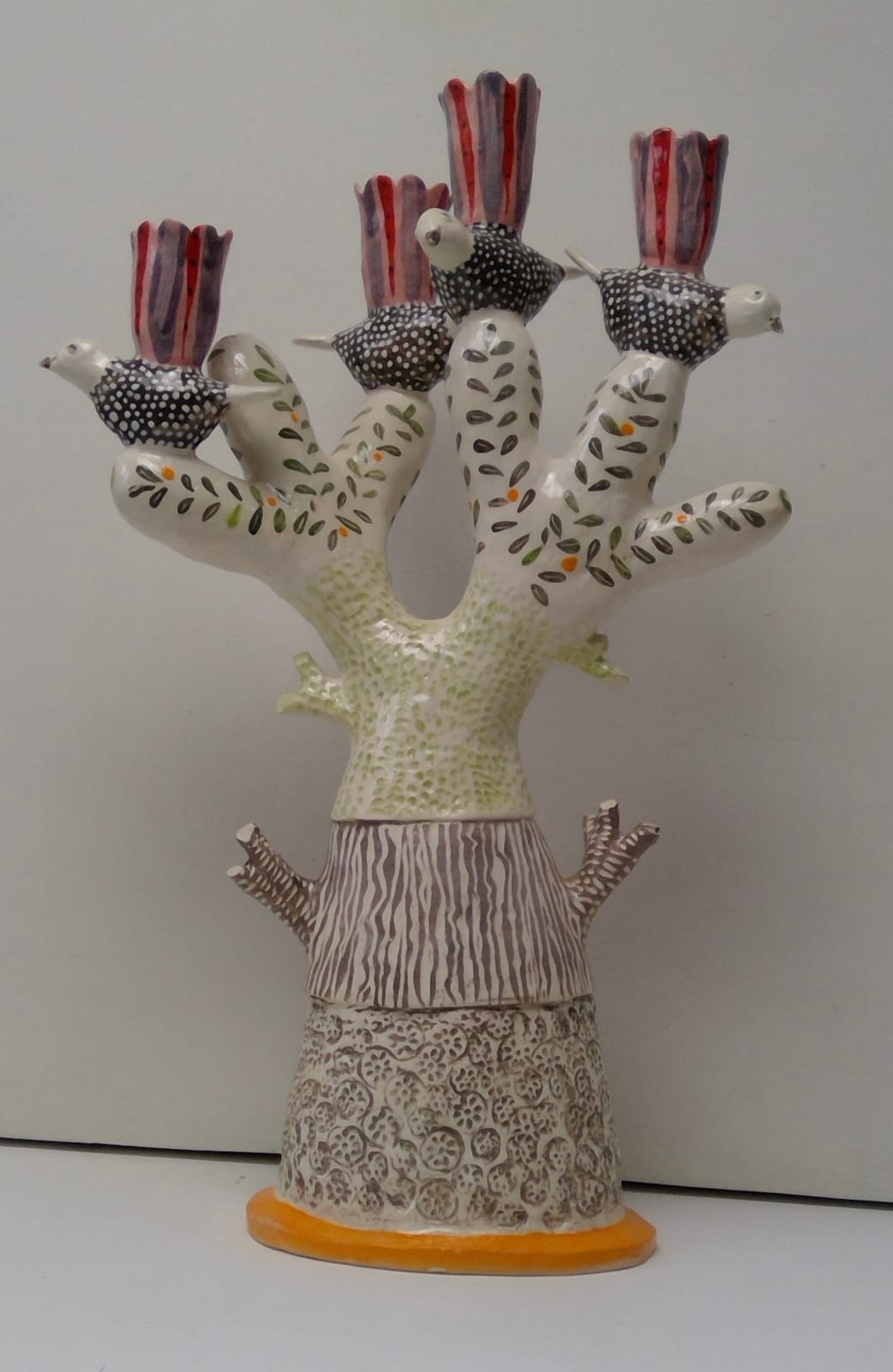 Laurance Simon, 4 Spotty Bird Candelabra with Purple & Pink Stripped Cups