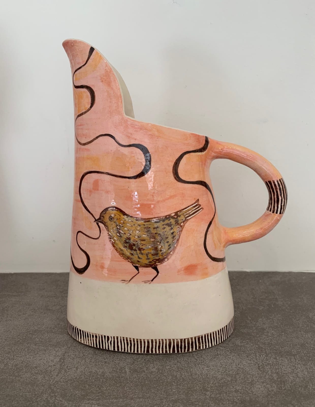 Laurance Simon, Medium Pink & White Jug with Bird & Ribbon
