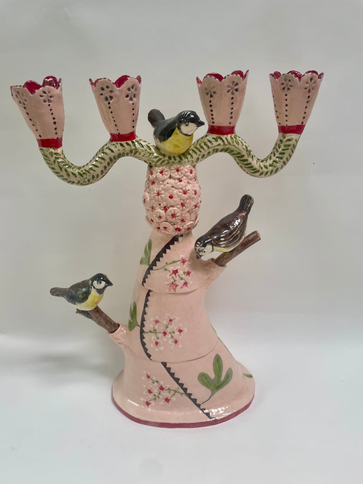 Laurance Simon, Yellow Tits & Pink Blossoms Four Cup Candelabra